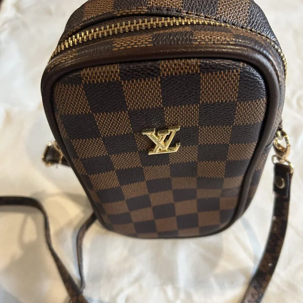Designer Inspired Checkered Brown Crossbody Bag - Picture 1 of 4